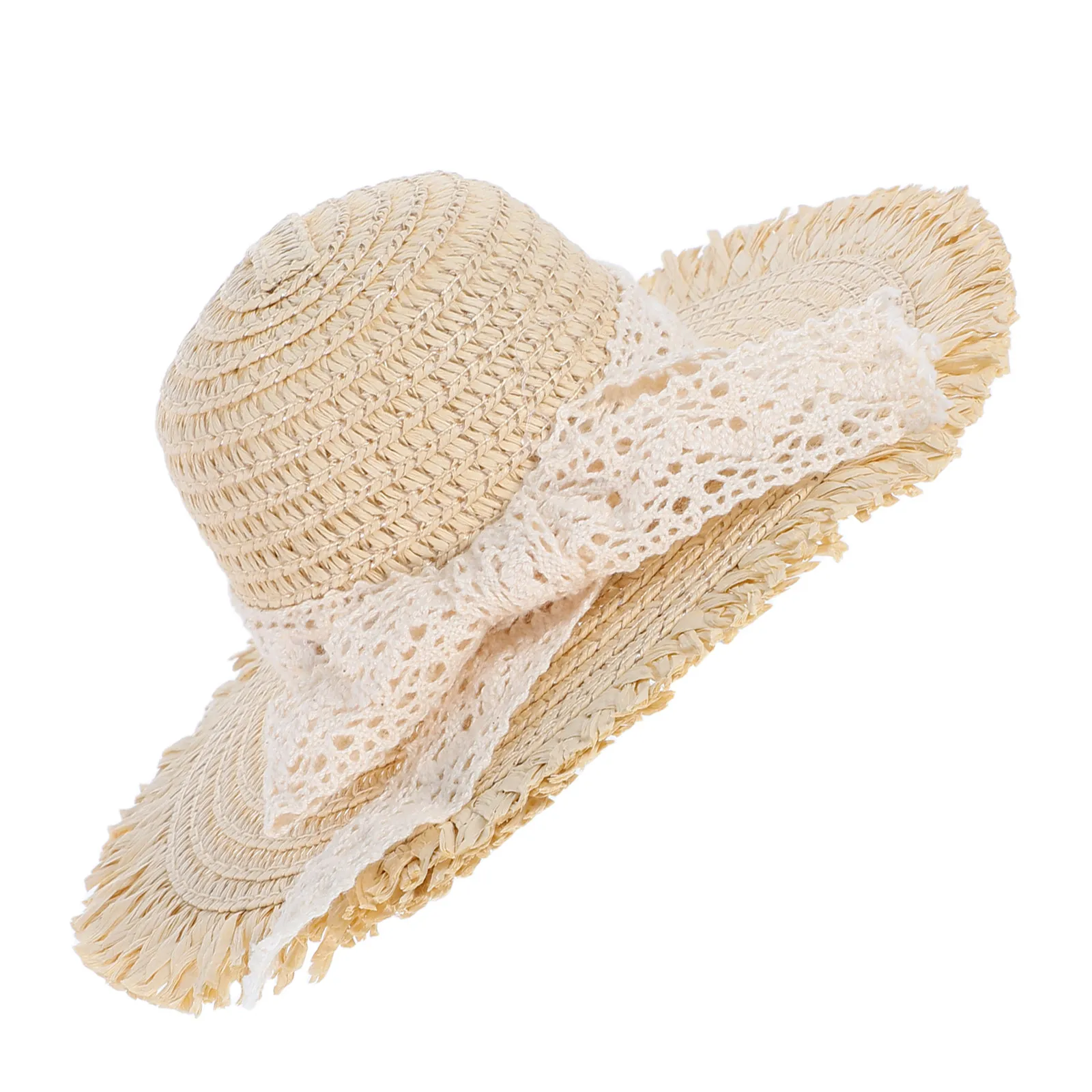 Chapeau de paille miniature beige avec ruban en dentelle, décoration charmante pour l'artisanat, présentoir de maison de poupée, accessoire mignon, chapeau de paille naturelle tressé