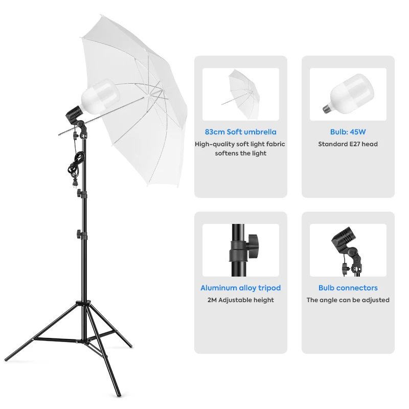 Photo Studio 6.5x10ft Backdrop Support System with Softbox light , 45W led Bulb, Umbrella, 4 Backdrops Photography Lighting Kit