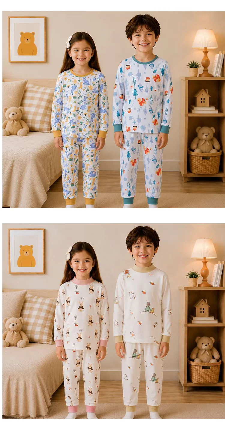 2026 Jungen Mädchen Herbst Reine Baumwolle Schlafanzug Kinder Cartoon-Print Langarm T-Shirt Oberteil + Hose Pyjama Baby Unterwäsche Kleidung – Detail 12