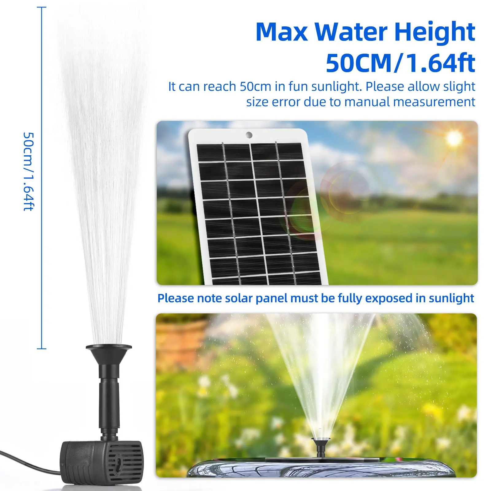 Solar Water Fountain Pump Outdoor 4W 5V Solar Panel Kit 200L/H Flow Rate Outdoor Solar Water Pump with 5ft Cable 9 Nozzles 6 Mod