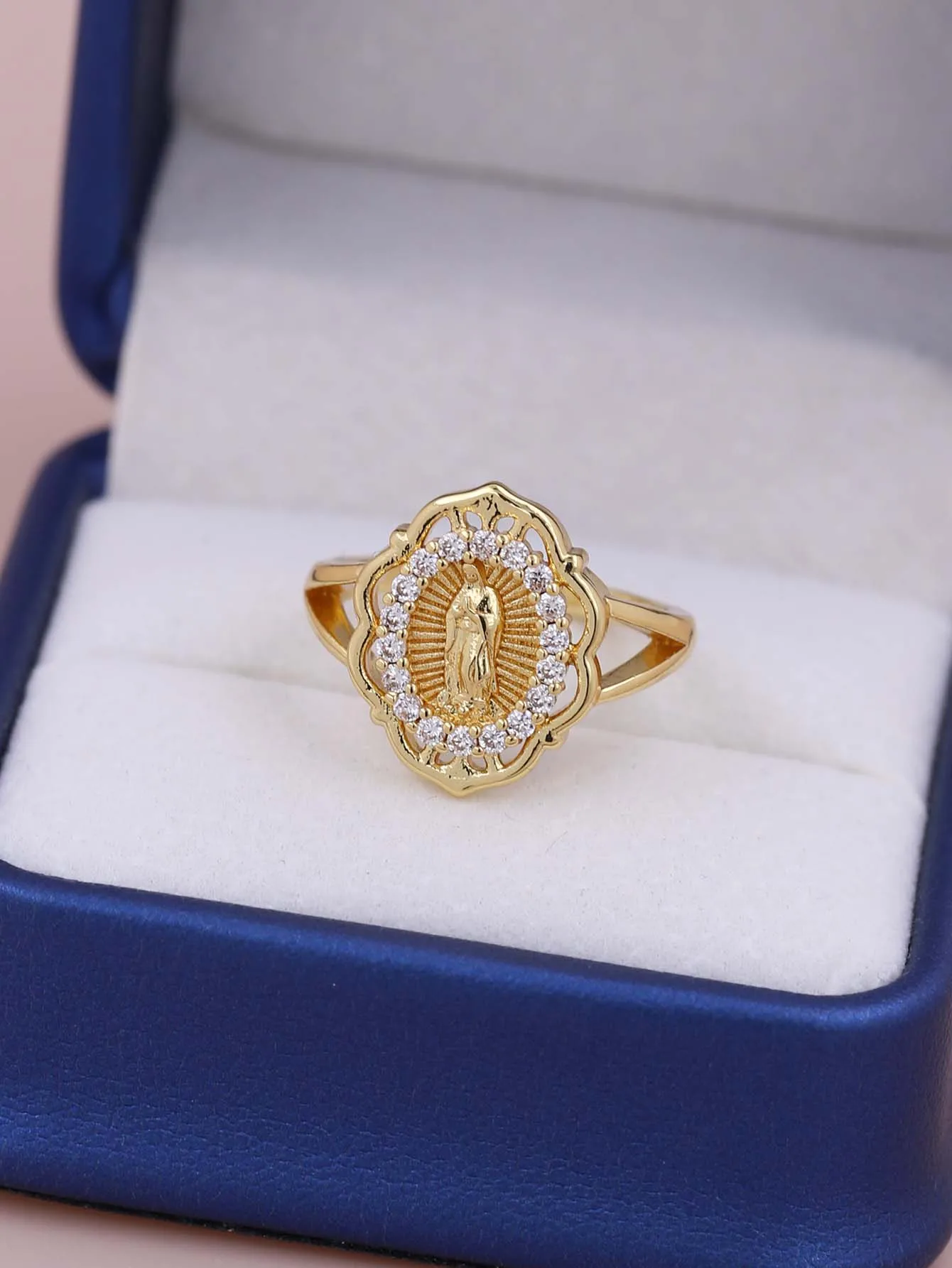 Classic Versatile Geometric Shape White Zircon Plated Gold Copper Virgin Mary Ring Women Daily Wearing Jewelry