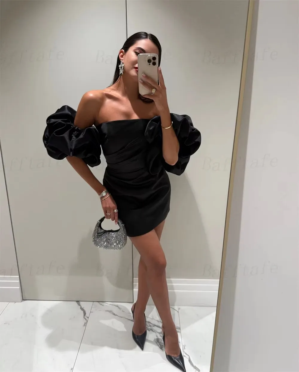 Black Satin Mini Formal Prom Dresses Customized Detachable Short Sleeves Strapless Homecoming Dress Women Evening Party Gowns