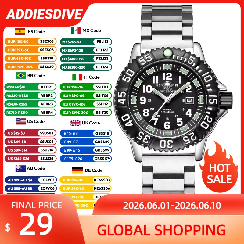 ADDIESDIVE montre à Quartz classique pour hommes mode affaires MY-050S montre-bracelet Super lumineuse 50M montre-bracelet étanche mâle horloge