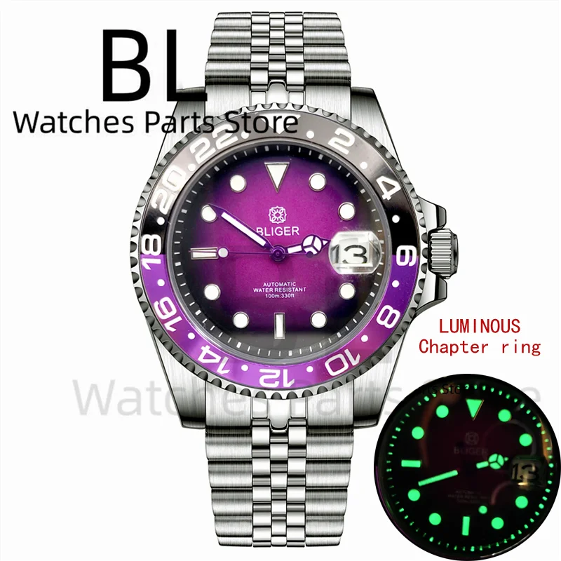 BLIGER 40mm NH35 Watch For Men Luminous Chapter Ring Black Purple Dial With Black Purple Bezel Sapphire Glass Date Waterproof