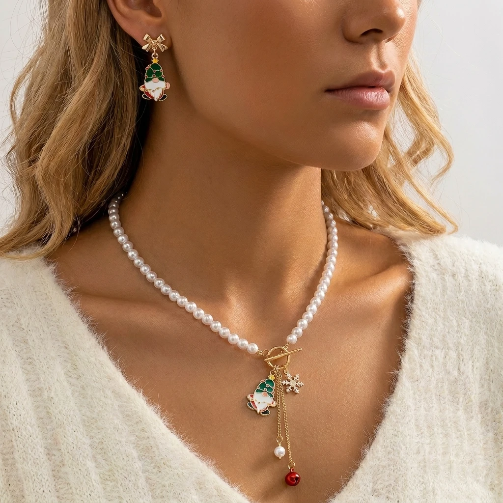 3-teiliges elegantes Perlenimitat-Halsketten- und Ohrring-Set für Weihnachten, Weihnachtsmann, Schneeflocken-Halskette, Neujahrsparty-Schmuck – Detail 2