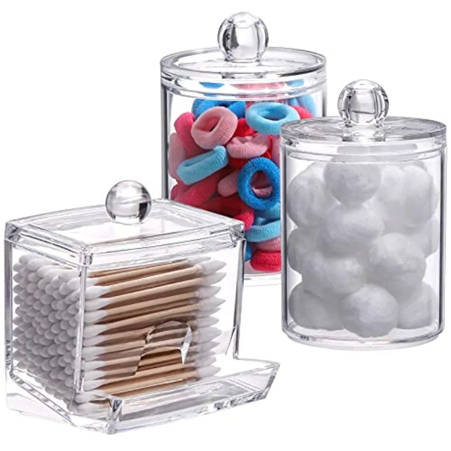 

Plastic Qtips Holder Bathroom Container, 10/7 OZ Cotton Ball/Swabs Dispenser, Apothecary Jar Organizer for Storage 3 Pcs