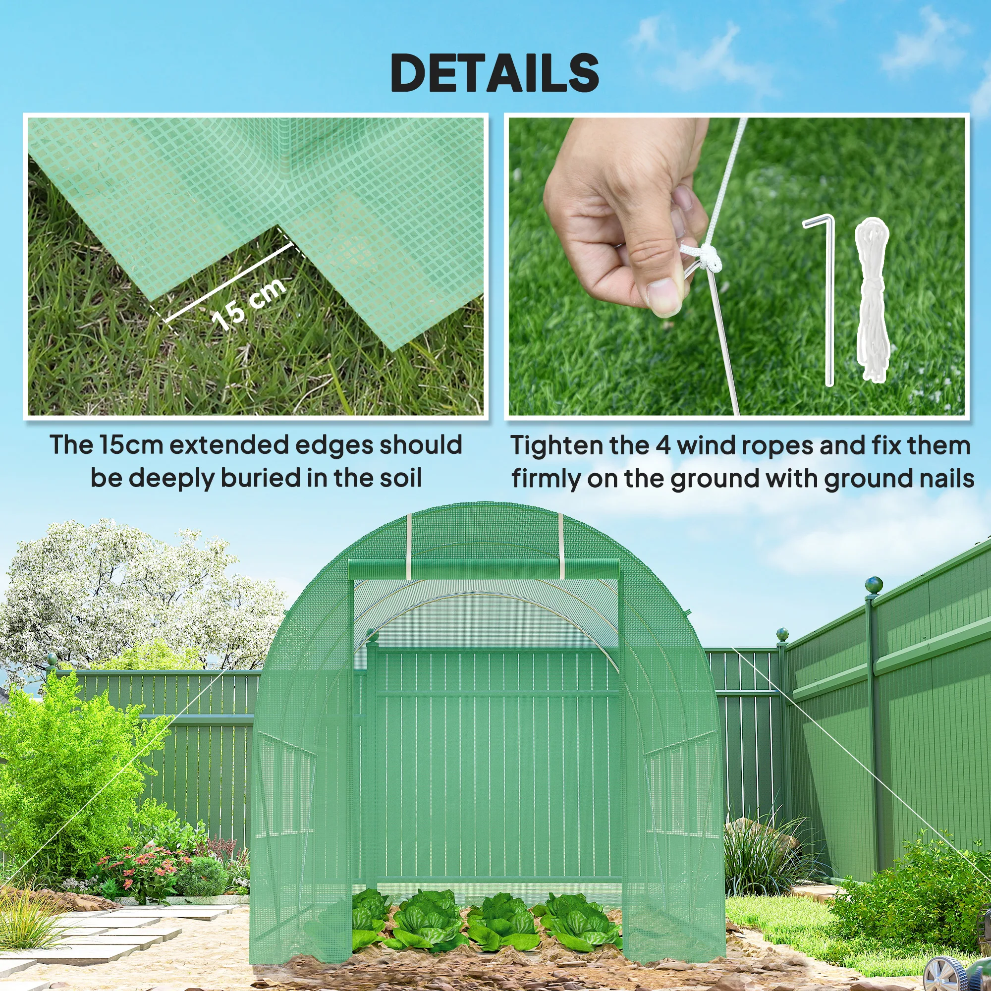 3.5 X 2m Walk-In Polytunnel Greenhouse with Steel Frame Roll up Door Green