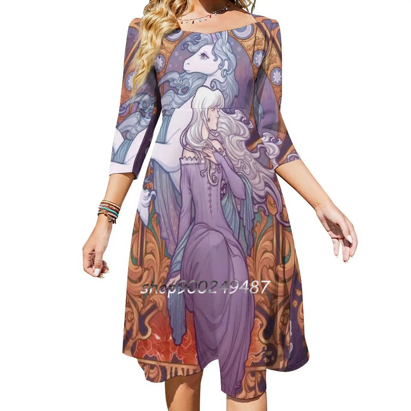 Lady Amalthea-The Last Unicorn Flare Dress Square Neck Dress Elegant Female Fashion Printed Dress Thelastunicorn Dollmaker