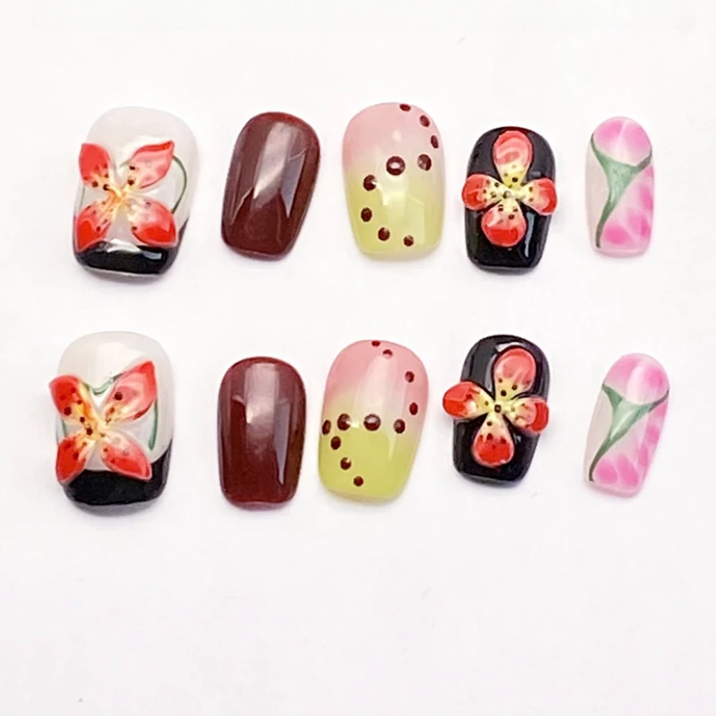 

10Pcs 3D Flowers Handmade Press on Nails Colorful Spring Summer False Nail French Tips Wearable Gel Painted Short Nails Arts