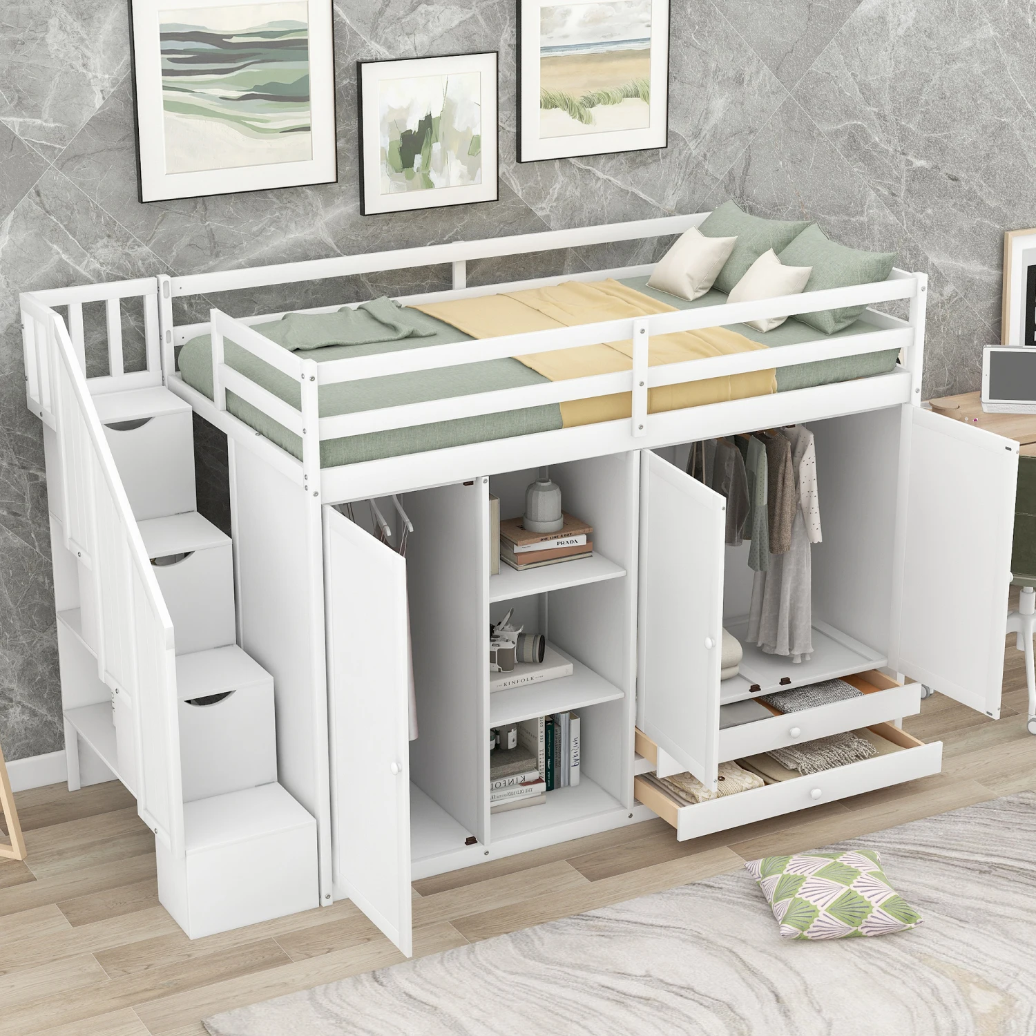 

Functional Loft Bed with Shelves, Wardrobes, Drawers, Storage Ladder, No Box Spring, White.