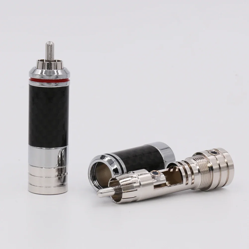 Fiche de connecteur RCA en fibre de carbone plaquée cuivre rhodium, sans soudure, 4 pièces