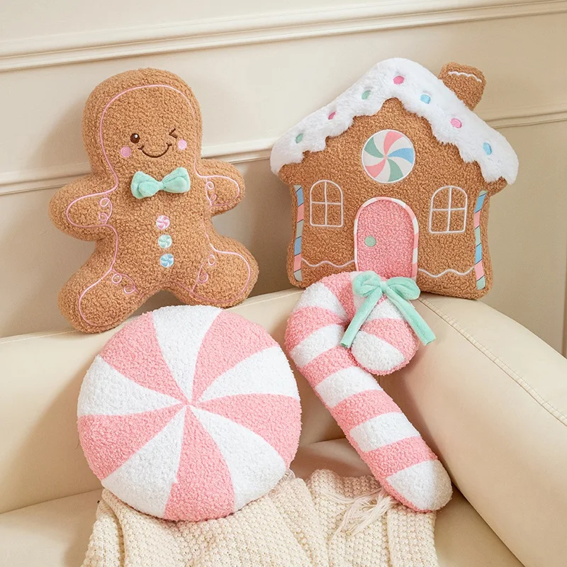 Christmas Gingerbread Man House Candy Cane Round Throw Pillow Xmas Home Decor Sofa Cushion Holiday Party Decoration Gift