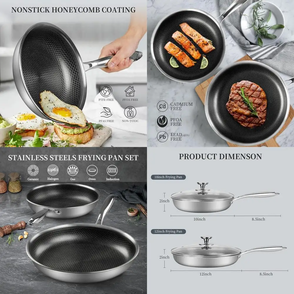 

10 & 12 Nonstick Honeycomb Stainless Steel Fry Pan Set with Lid, Cool Handle, Suitable for Induction and Gas Stoves