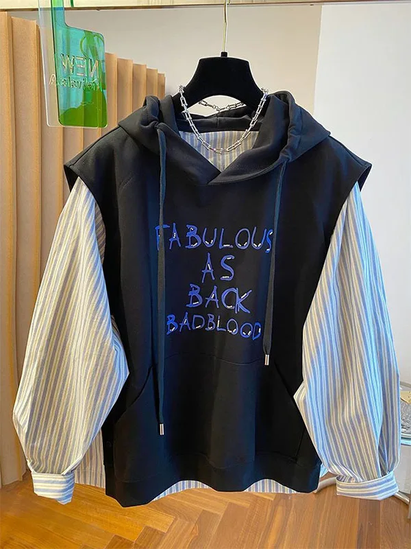 

plus Size 300 Pou Striped irt Hoodie Fake Two-Piece Men's Women's Spring Autumn Casual Wear Comfortable Breathable Sweat...