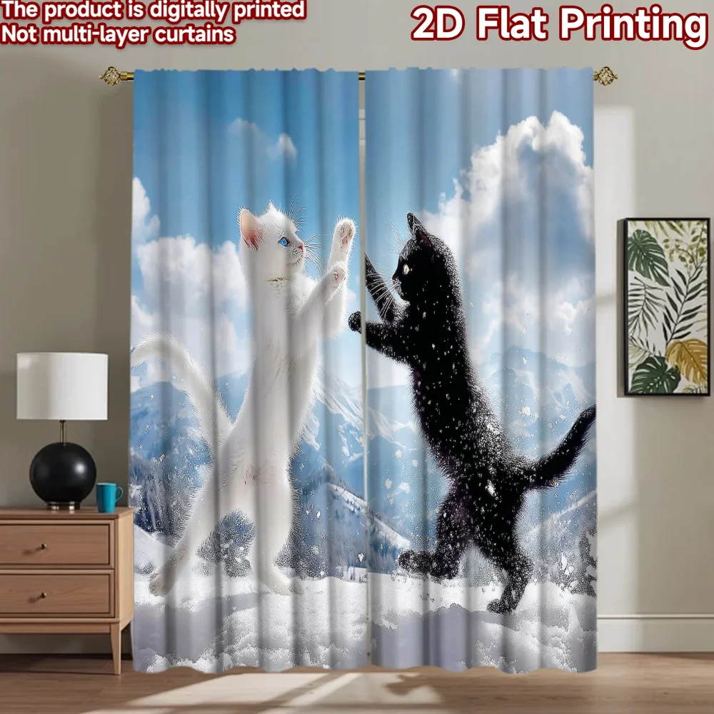 

2D flat printing 2pcs Window Curtains Cute Cats Snow Mountain Dance Digital Printed Polyester Drapes Holiday Decorations for