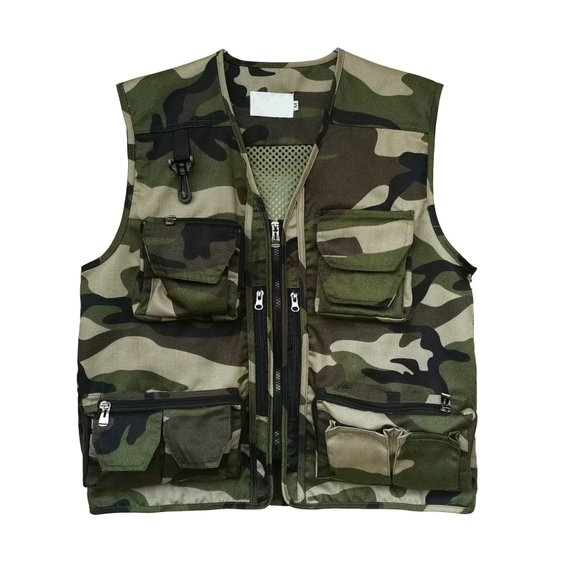 Summer Green Camouflage Fishing Hunting Vest Men Zip Up Sleeveless Coat Boys Outerwear Tactical Tool Vest Plus Size V Neck Top