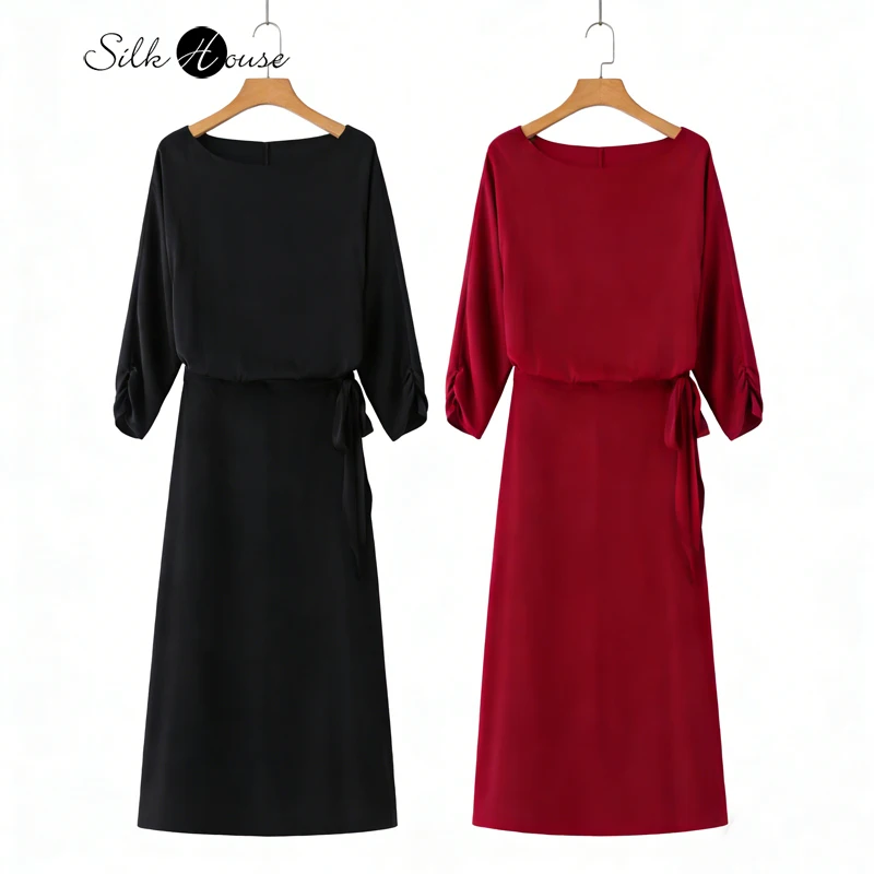 2026 Women's Fashion Spring New 91.8% Natural Mulberry Silk Elastic Satin Solid Color Fake Two Piece Set Round Neck Party Dress