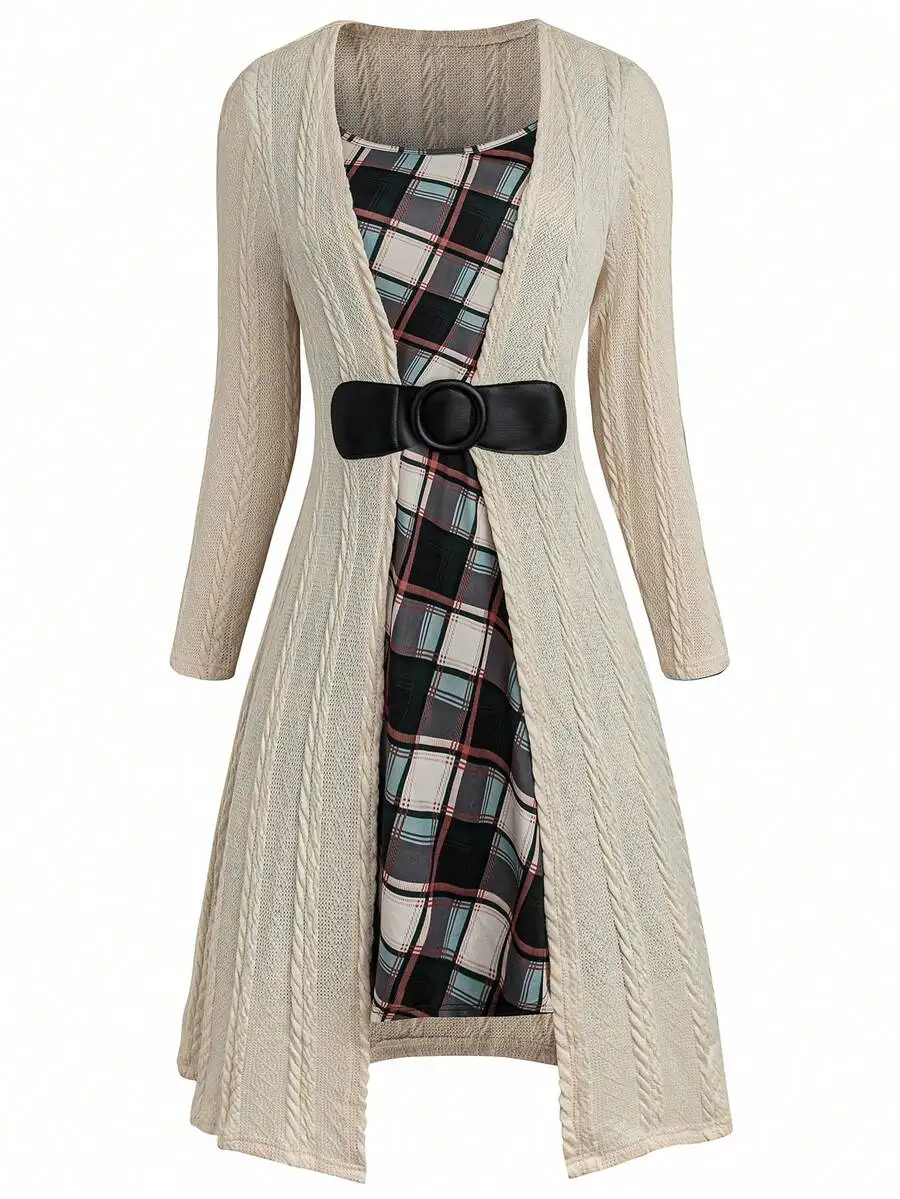 

Plus Size Women's Plaid Print Layered Long Sleeve Knit Cardigan Dress with Belt for Autumn