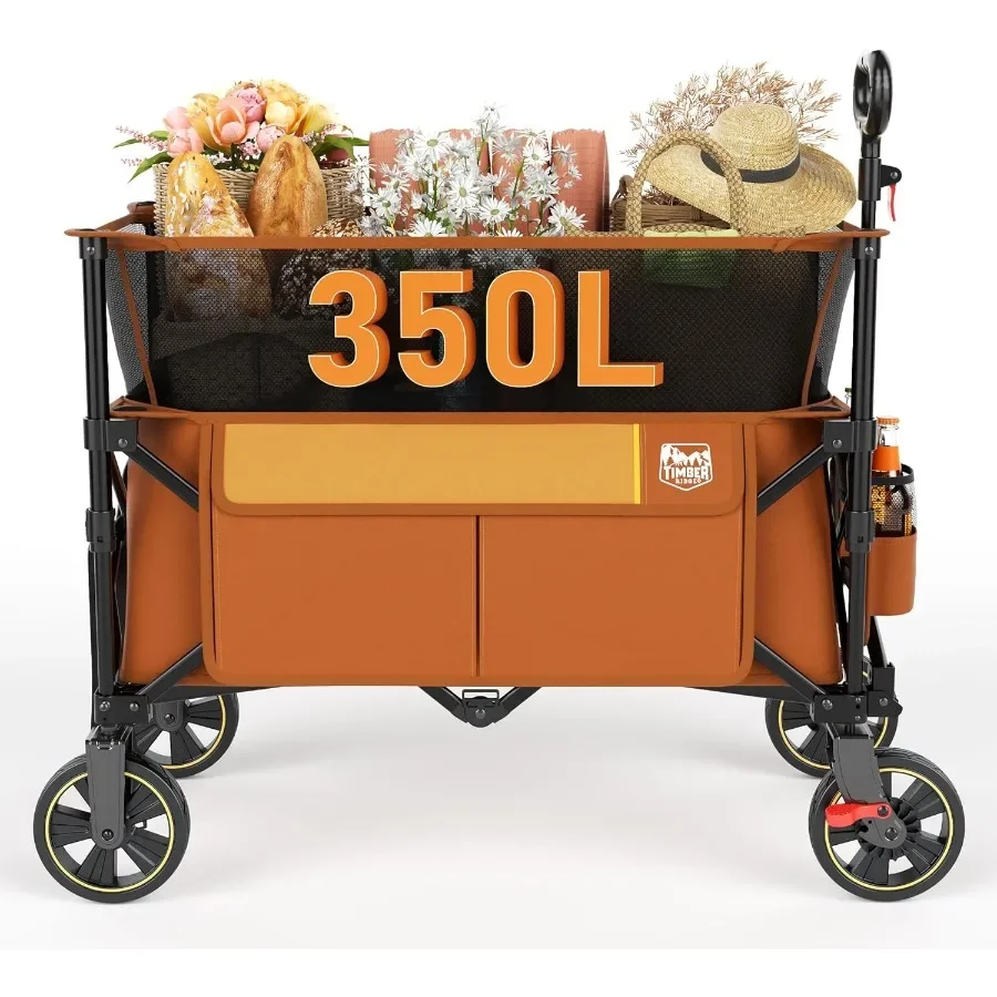 

Collapsible Folding Wagon 350L Extra Large with Brake Heavy Duty Camping Utility Cart Outdoor Extended Height Adjustable Handle