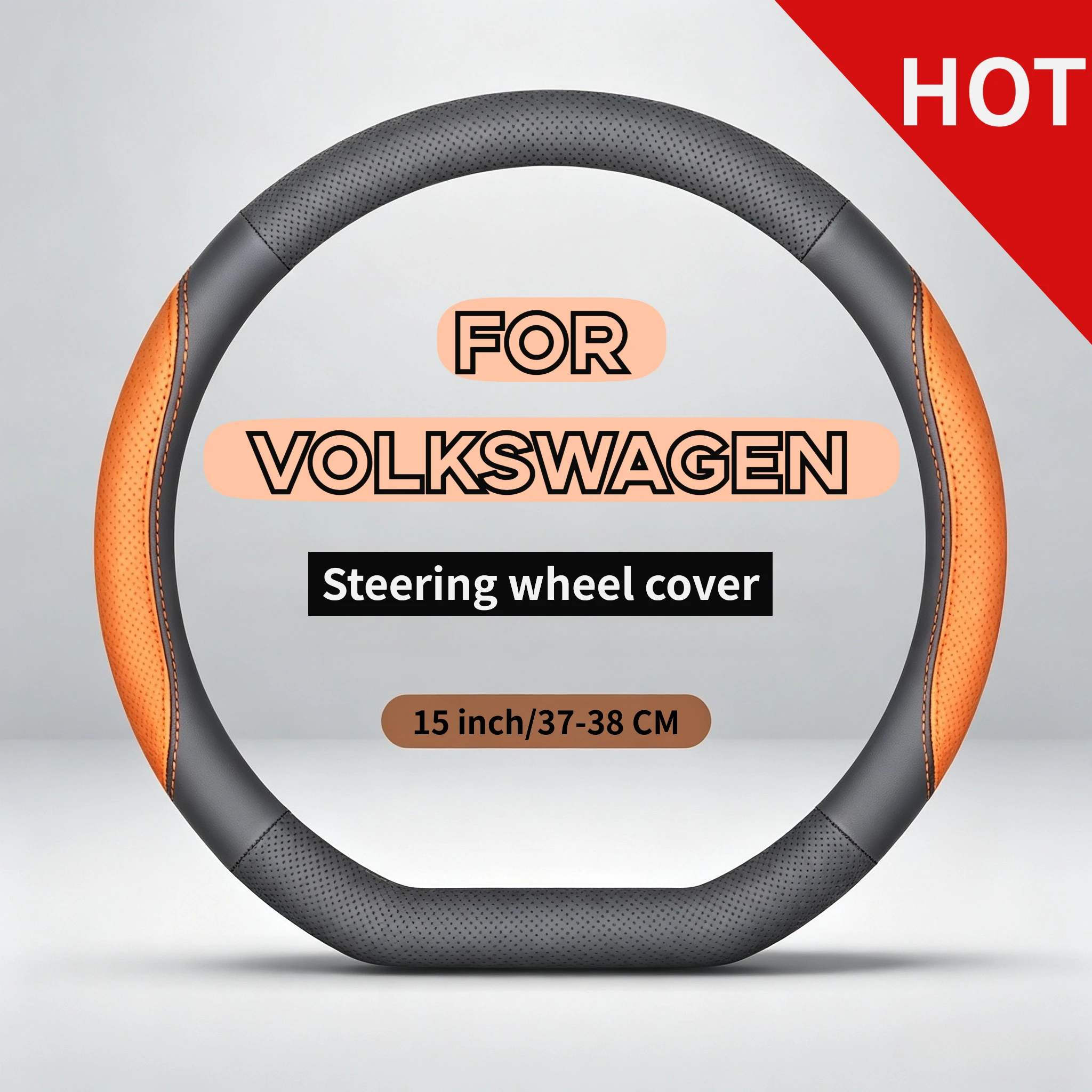 14.5-15 inch leather patchwork steering wheel cover, suitable for Volkswagen Golf Mk7 Tiguan Passat Arteon Jetta Touareg Tour