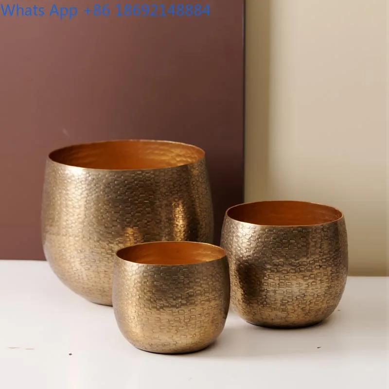 Vintage Aluminum Hammered gold Flower Pot Ornament Model Room Hotel Living Room Vase Flower