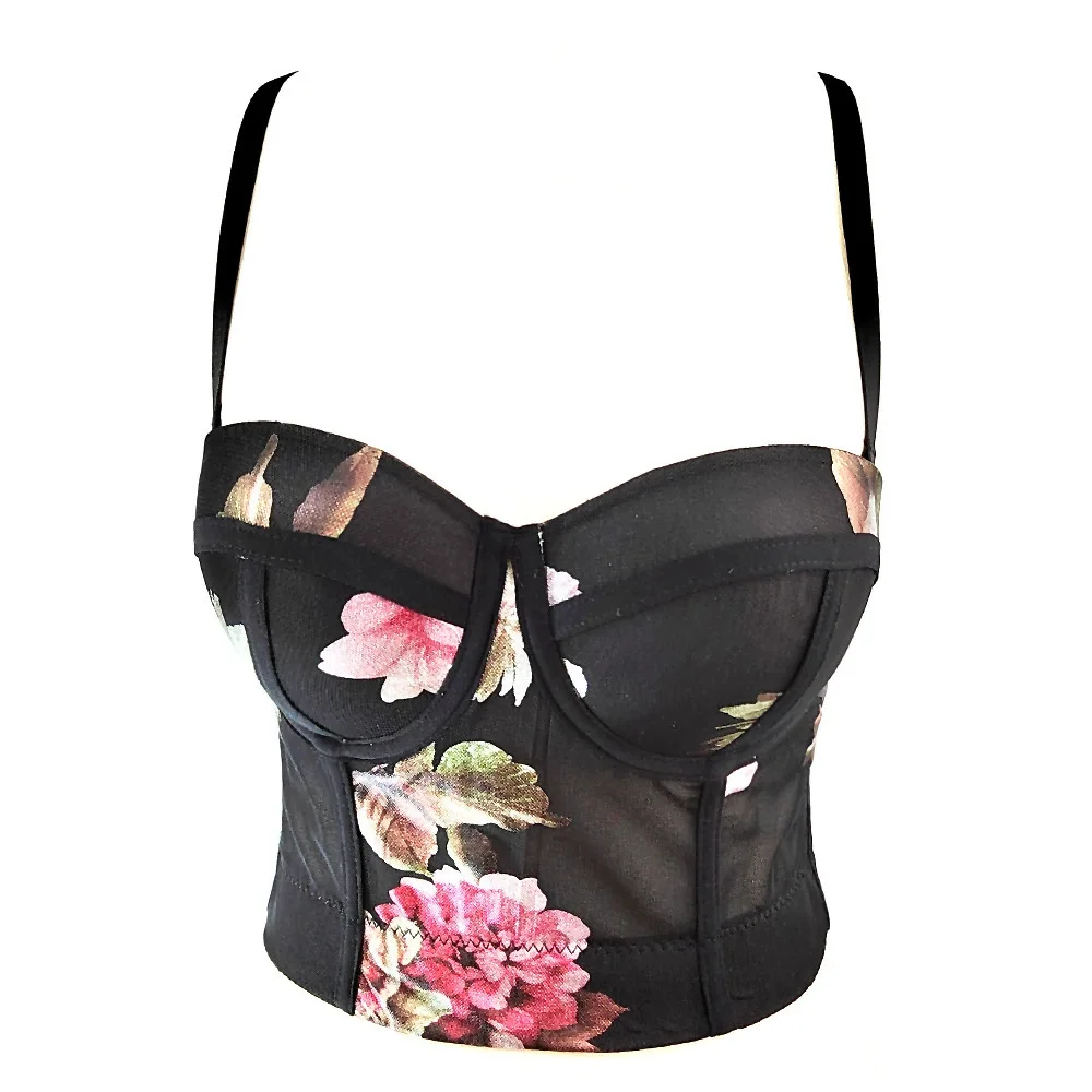 

Spring Summer Sheer Floral Corset Top Lace Bustier with Padded Cups Flower Print Camisole Sexy Boned Waist Trainer for Women