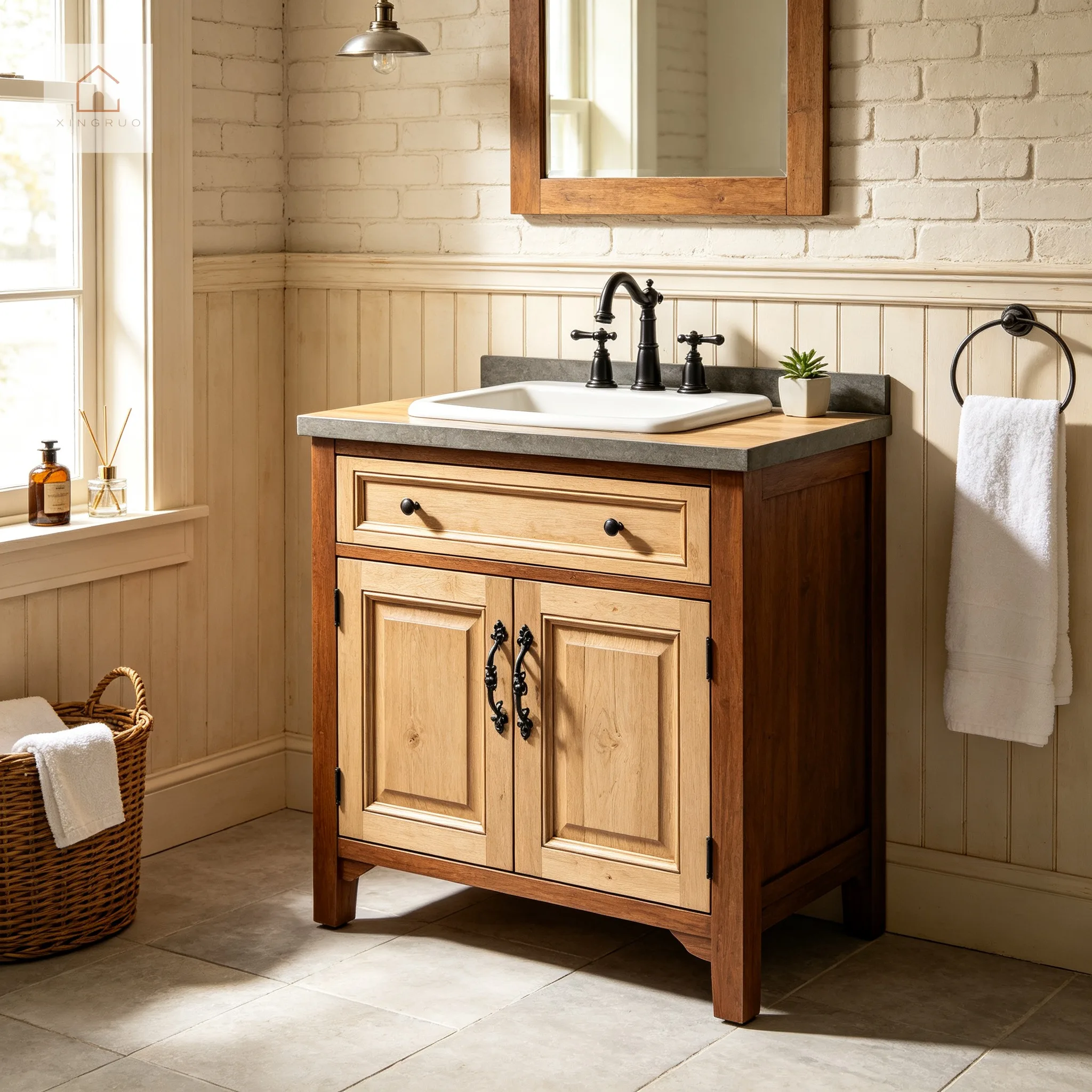 XINGRUO Minimalist Japandi Bathroom Furniture Set With Stone Countertop And Round Mirror Villa Project Customization