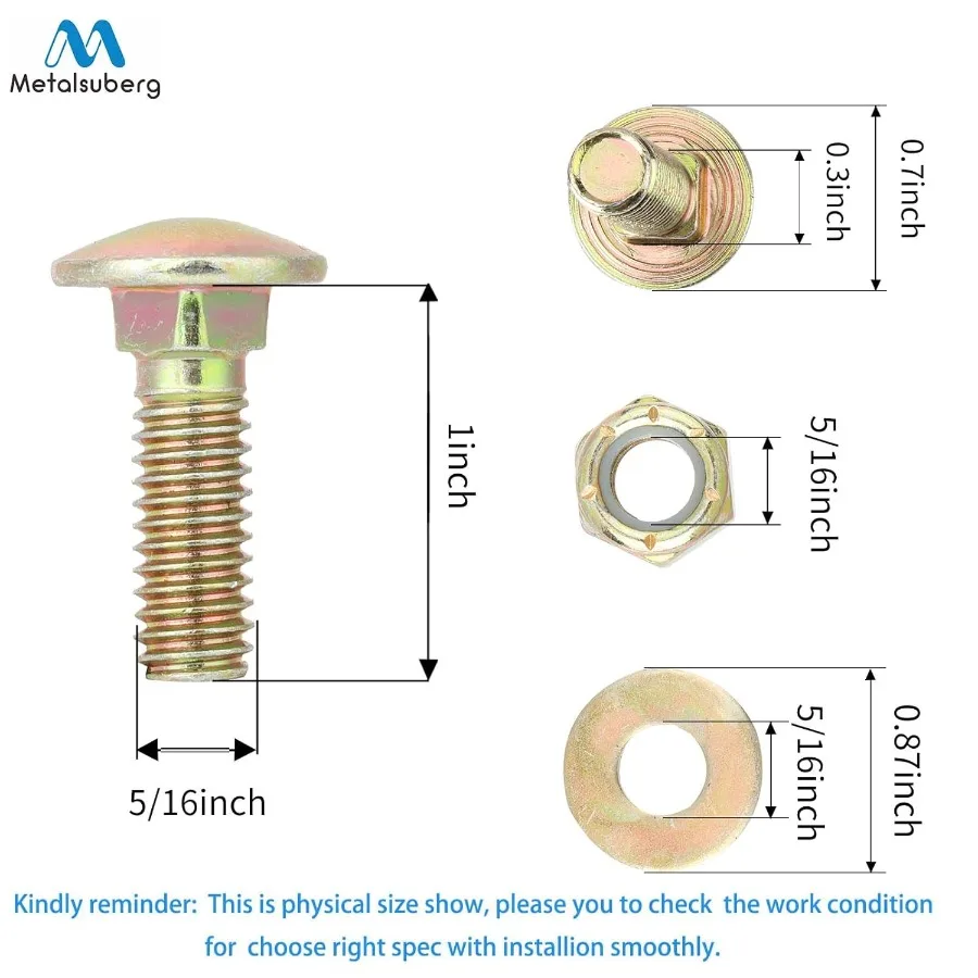 Bulloni per carrello da 5 16" x 1" per galvanizzazione del colore del collo quadrato con dado di bloccaggio in nylon e kit di assortimento di rondelle di grandi dimensioniCarbon