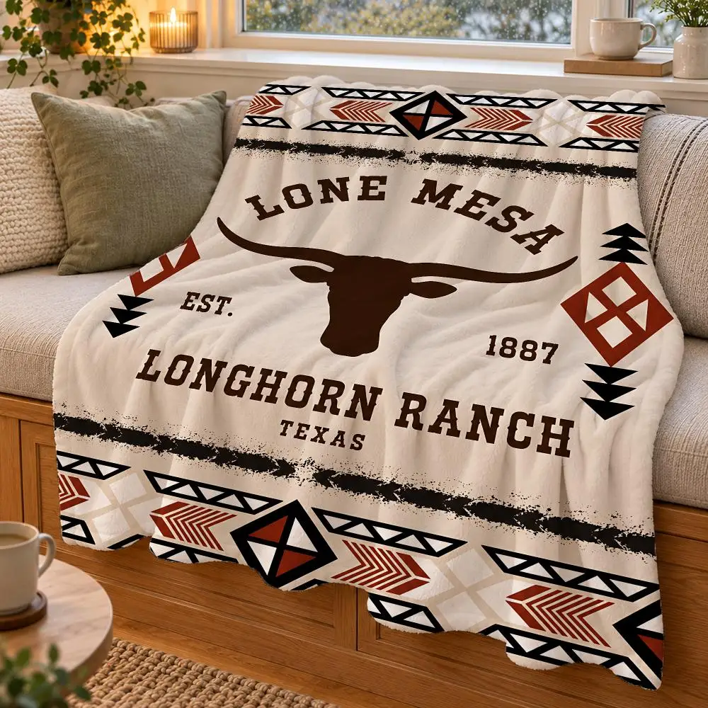 Western Ranch Geo Border Throw Double Sided Flannel Throw Blanket Soft Warm Washable Home Decor