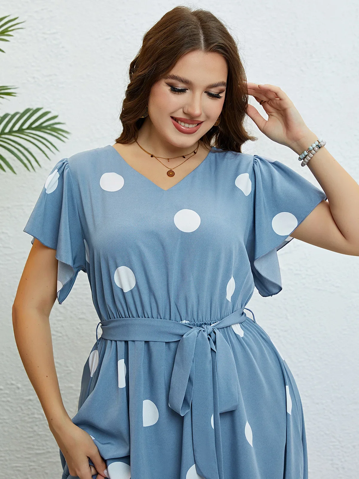 Plus Size Women Dress V Neck Ruffle Short Sleeve Dresses Drawstring Belt Blue Dot Robe Summer Casual Cocktail Gown Sundress