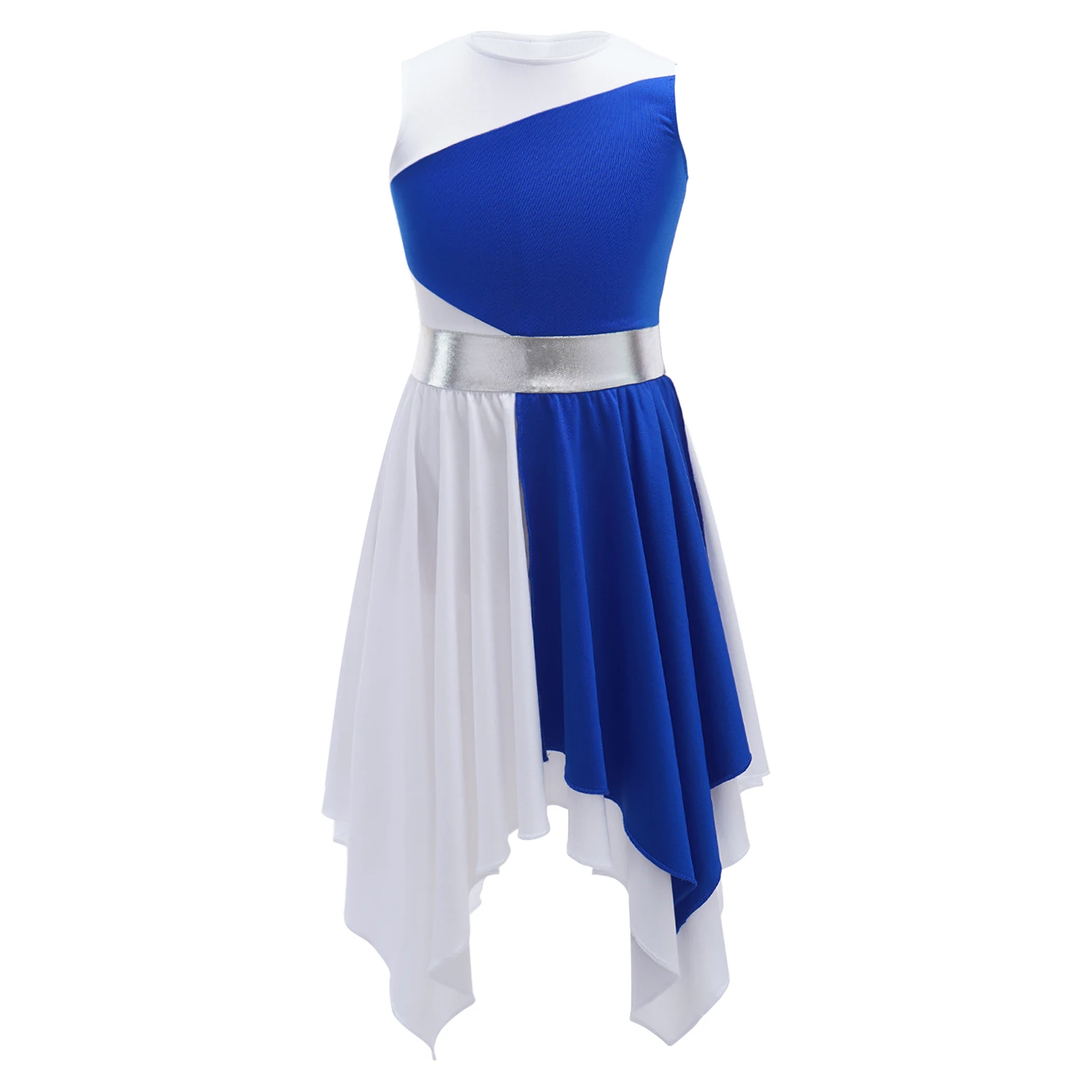 Children Figure Skating Dress Kids Girls Color Block Lyrical Dance Dress Sleeveless Praise Contemporary Dancing Ballroom Costume