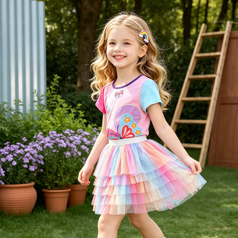 VIKITA Girls Colorful Butterfly Print Cotton Casual Daily Color Block Tops Tees Kids Short Sleeve Summer T Shirt Kids Clothes