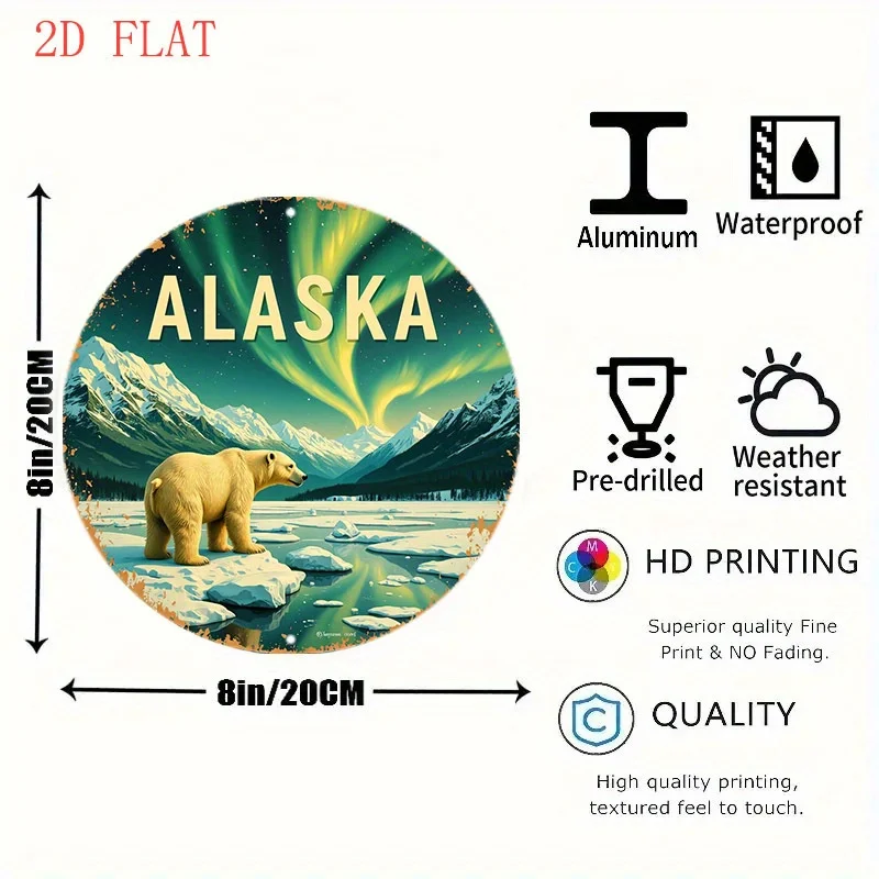 1pc 8-Inch Round Alaska Polar Bear & Northern Metal Wall Art Sign - Aurora Borealis Cabin Decor, Durable /Outdoor Hanging Decora