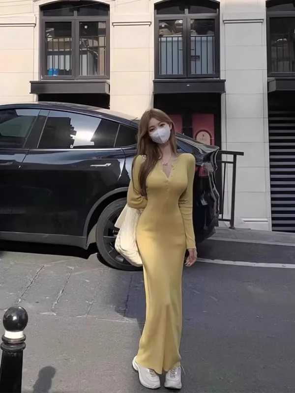 

Ele V-Ne Long Sve Dr Women's Winter New Sle Slimming Wrap around Skirt Bodycon Dr Sexy Chic Sle Midi Dr