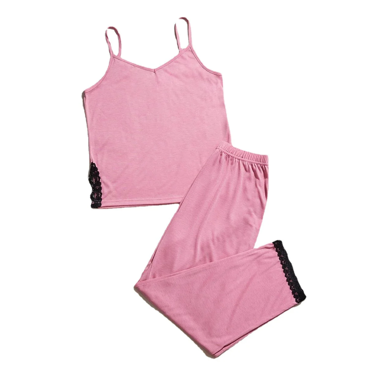 Pure Color Pajamas Women's Spring and Summer Sling Collar Lace Edge 9-point Pants Home Service Suit Pajamas for Women