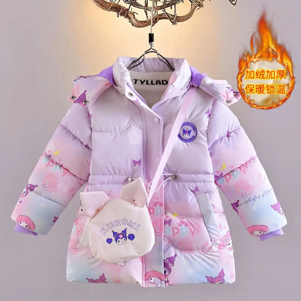 Winter Kawaii Hello Kitty Kuromi Kids Jacket Anime Sanrio Fashion Cute Glowing Icon Warm Plush Hooded Thick Down Jacket with Bag