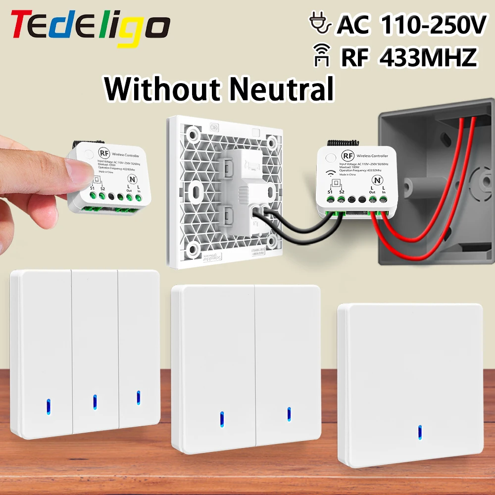 

Беспроводной выключатель света 433 МГц без нейтрального мини-приемника, модуль 220 В с настенной панелью 1/2/3Gang, пульт дистанционного управления, светодиодная лампа, вентилятор