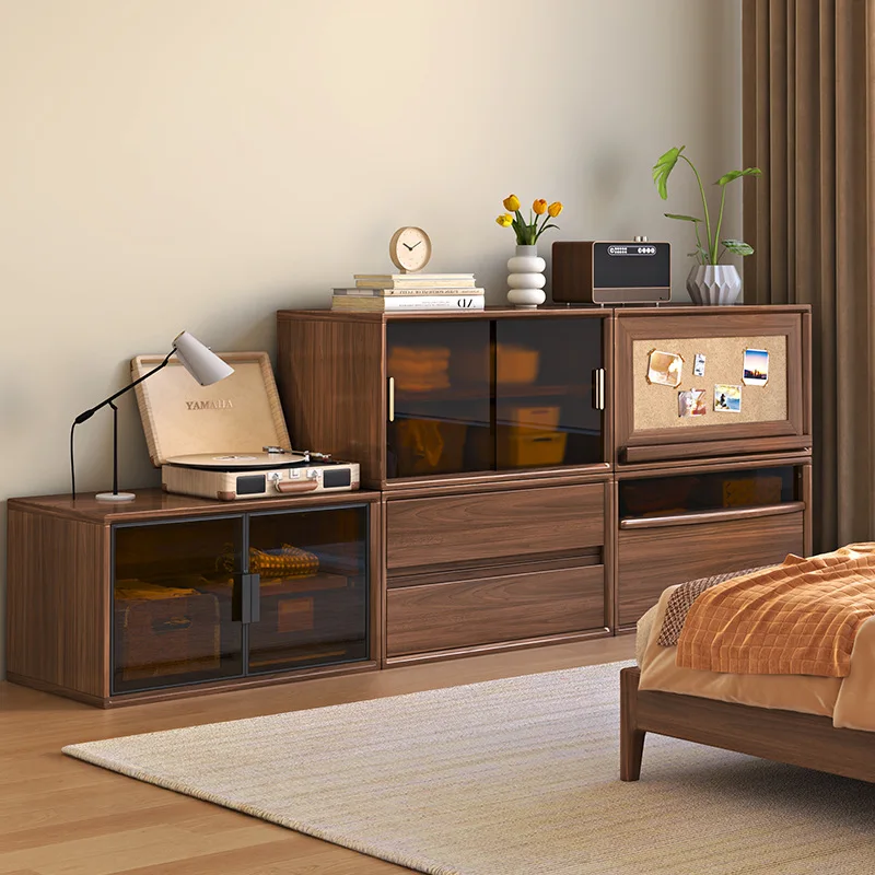 Black walnut solid wood bay window cabinet Multifunctional floor-to-ceiling combination cabinet Against the wall Living room