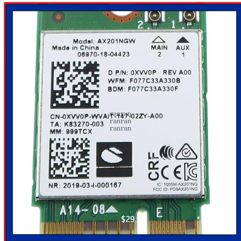 

Wi-Fi карта XVV0P 0XVV0P CN-0XVV0P, совместимая запасная часть для Intel Wi-Fi 6 AX201 AX201NGW M.2 2230 CNVio2 802.11ax WLAN 2,4 Гбит/с