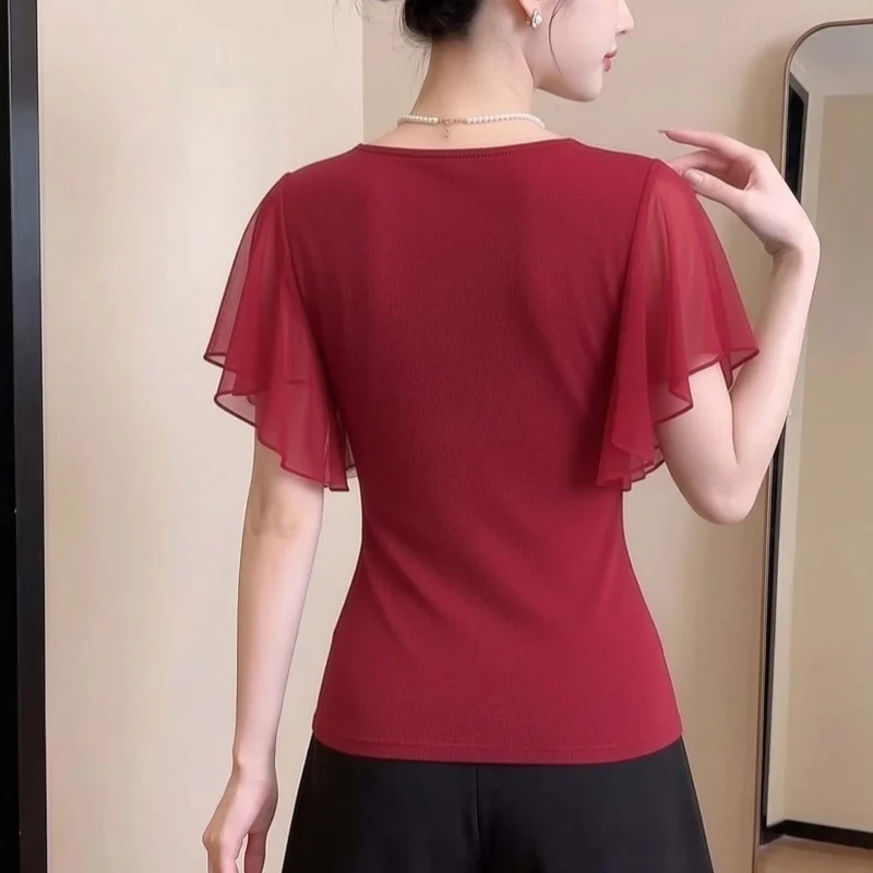 Elegant Draped Neck Hot Diamond Slim Fit Women's Top Summer Chic Fashion Ruffle Sleeve Luxury Casual Pullover T-shirt