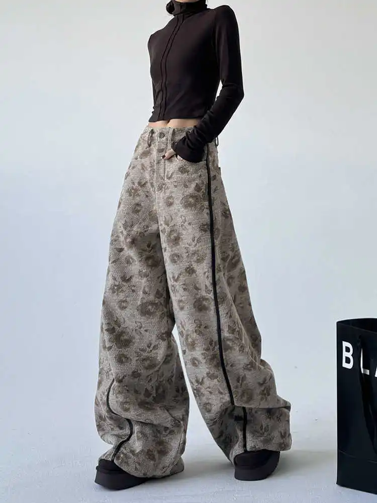 المرأة الكاكي Y2k فضفاض الجينز خمر Harajuku الدافئة سميكة كبيرة الحجم جان السراويل اليابانية 2000s نمط صديقها الدنيم بنطلون الخريف