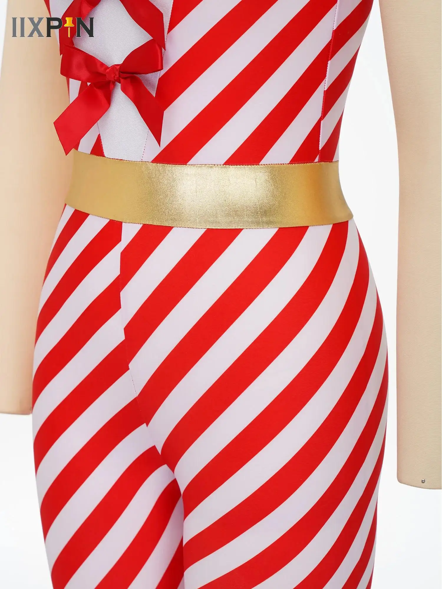 Candy Cane Striped Bow Jumpsuit for Women Adults Christmas Ballet Dance Gymnastics Figure Skating Leotard Full Bodysuit Costume