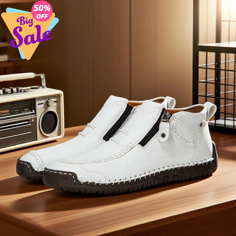 

2026 Classic Handmade Leather Men's Shoes Casual Banquet Fashion Men Boots Comfy Flat Ankle Boots White Mokasin Shoes Work Shoes