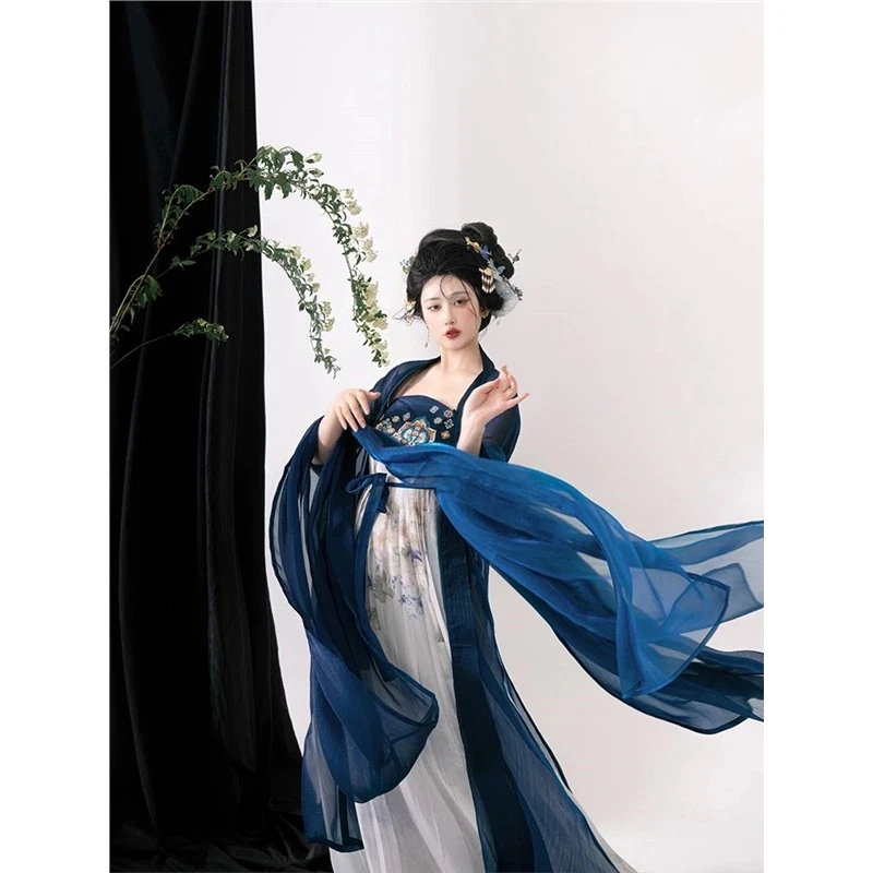 Tang Dynasty embroidered balsamic skirt double-layer large-sleeved shirt dark dark blue Hanfu women