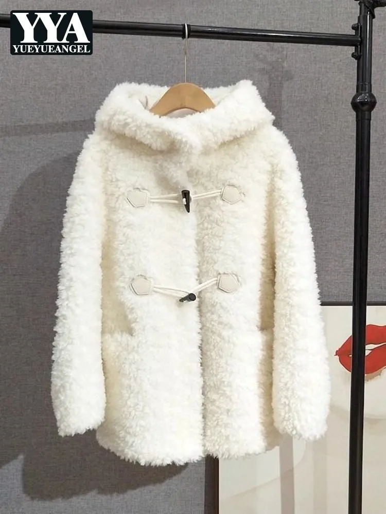 Winter Women 100% Real Wool Hooded Jacket Comfortable Warm Daily Outerwear Horn Button Pure Sheep Fur Coat Beige Casual Overcoat