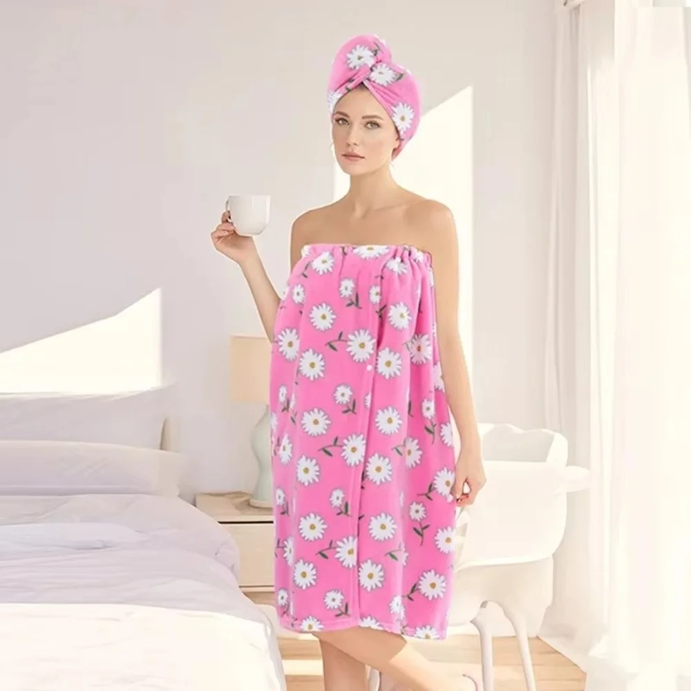 2 Pcs set Daisy Pastoral Style Women Bath Skirt Set Soft Quick-Dry Bath Towel Absorbent Wearable Bath Towel