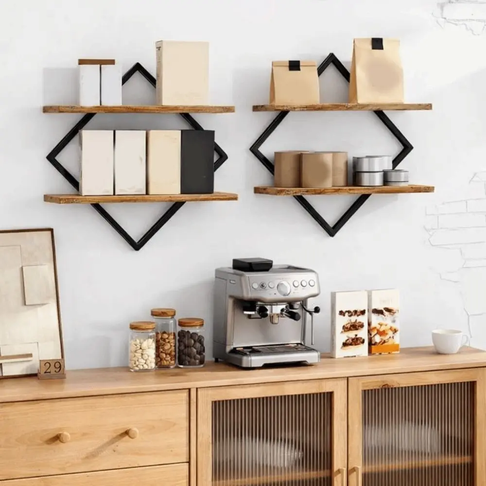 2PCS Organizer 2-Tier Wood Floating Shelves Space Saving Decorative Storage Rack Wall Mounted Planter Rack Kitchen