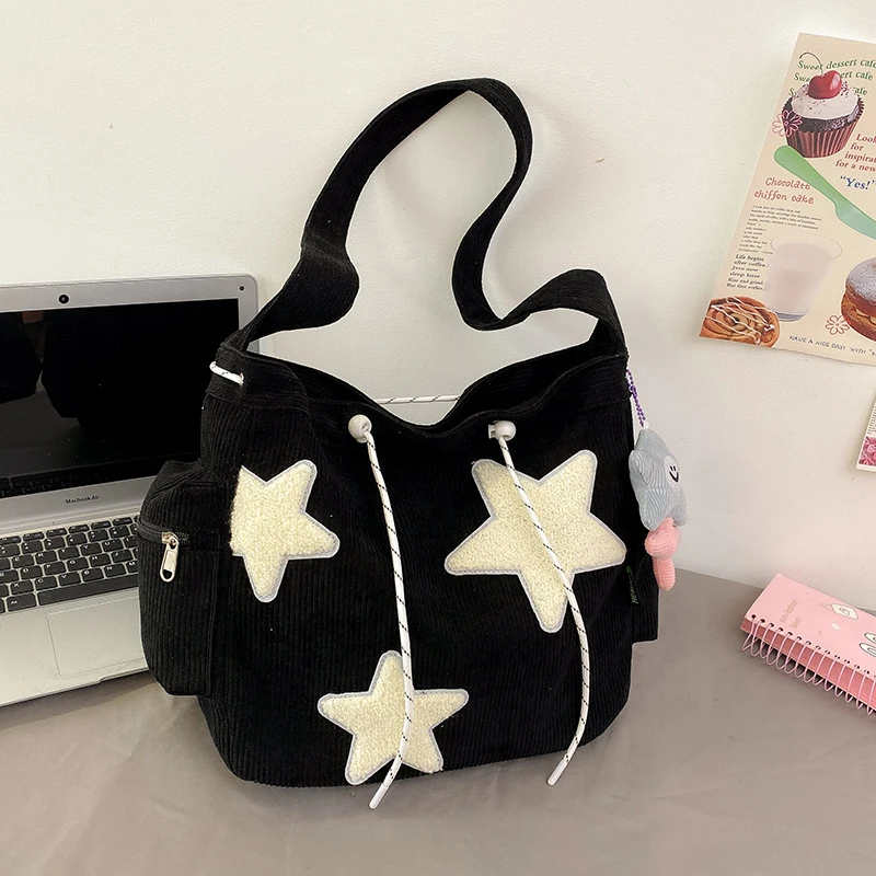 Large-capacity corduroy commuter student cute shoulder crossbody bag ins learning five-pointed star corduroy tote messenger bag with pendant