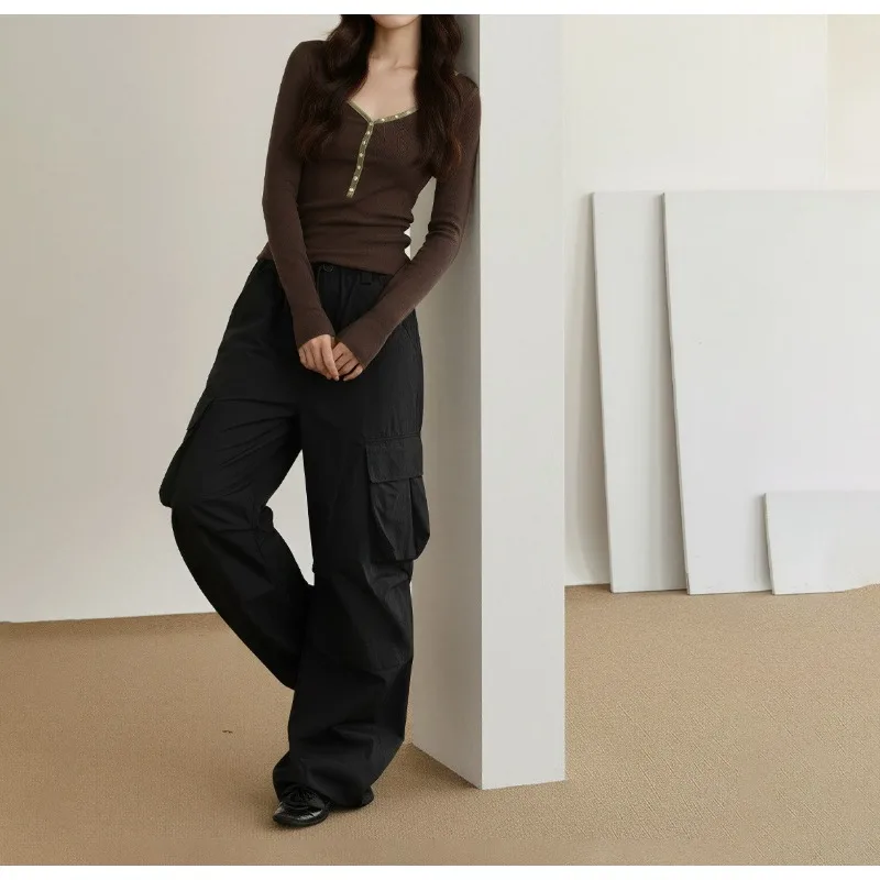 

Women's Clothing Contrasting Buttons Splicing V-neck Long Sleeves 25 Autumn Street Design Sense Slim and Thin Base T-shirt