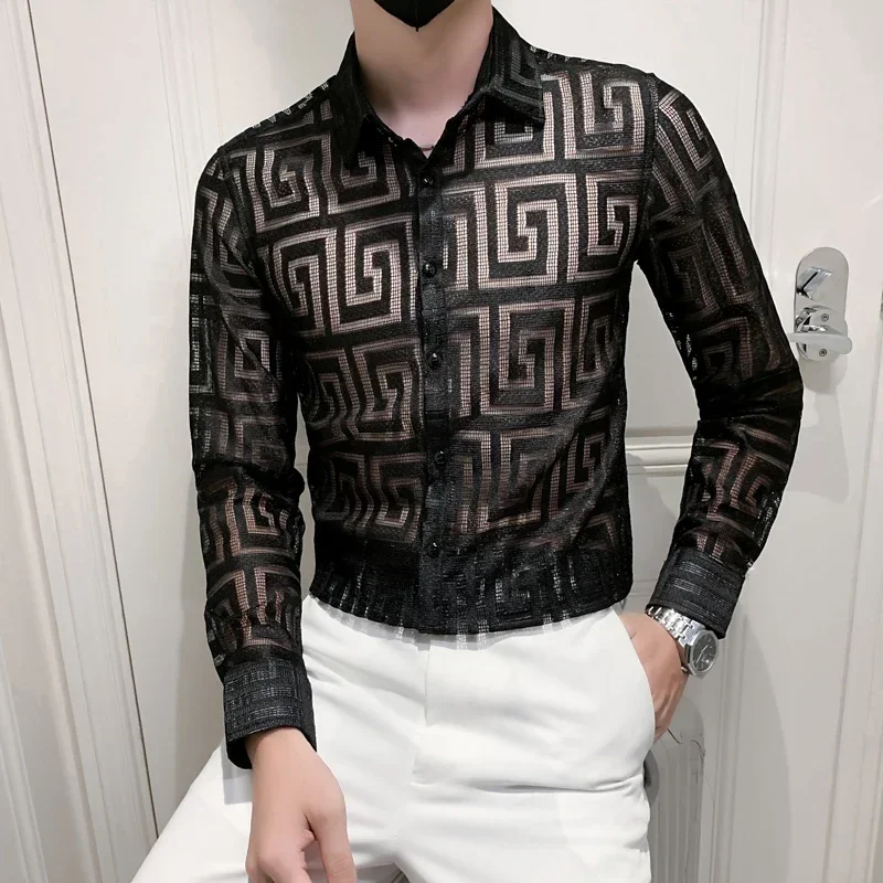 Stitching Striped Shirt Summer Men Transparent Lace Cutout Shirt Camisa Long Sleeve Slim Club Prom Party Shirt Social Masculina